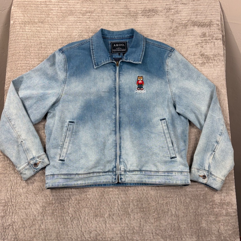 AKOO Mens XL Light Wash Denim Jacket Full Zip‎ Fox Mascot Live Full Live Well